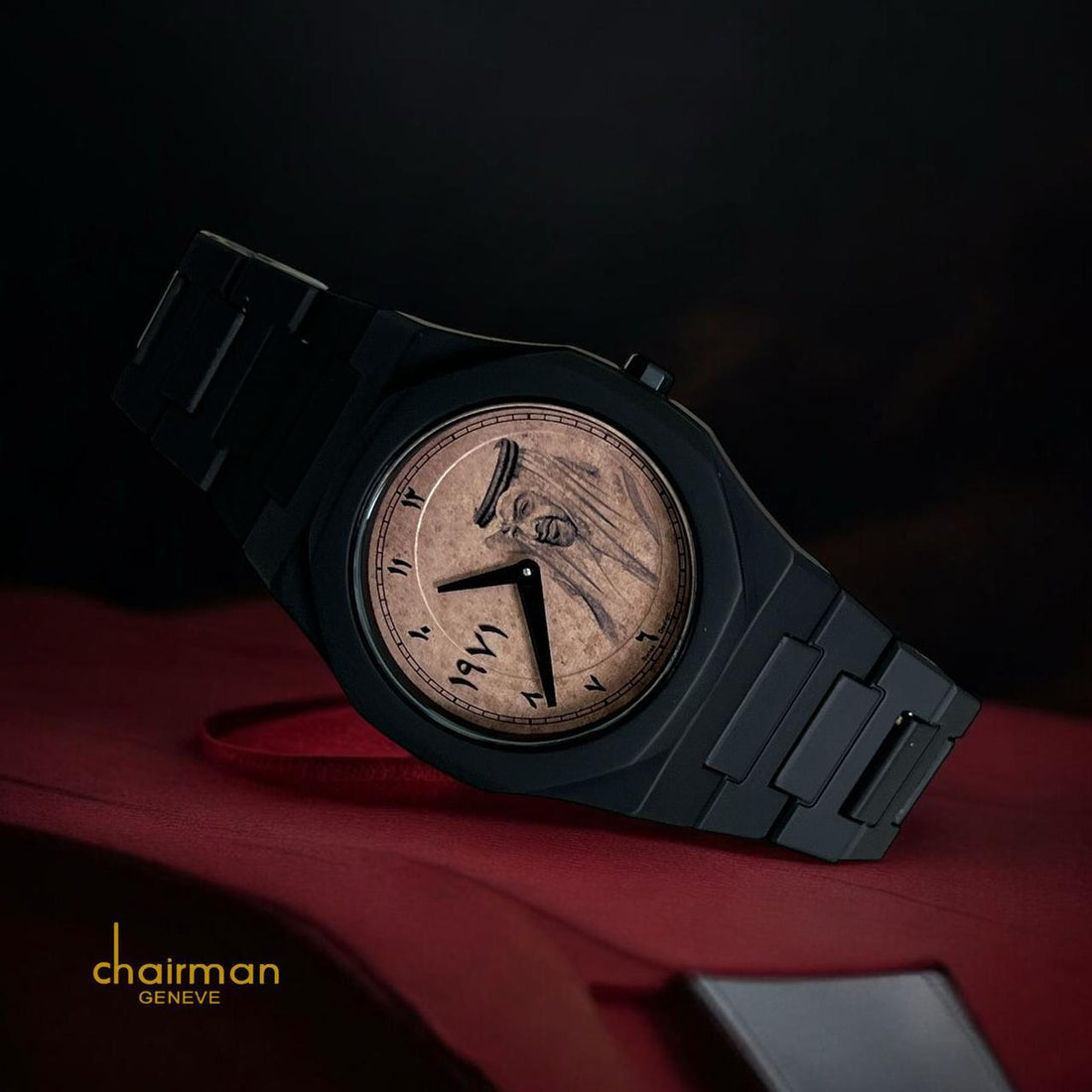 UAE Sheikh Photo Year Arabic Beige Dial Black Chairman Geneve Gents Poly Carbon Watch