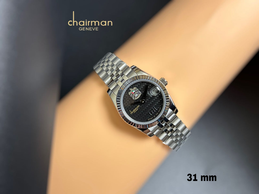 United Arab Emirates Eagle Logo Dated Black Dial Silver Strap Chairman Geneve Watch
