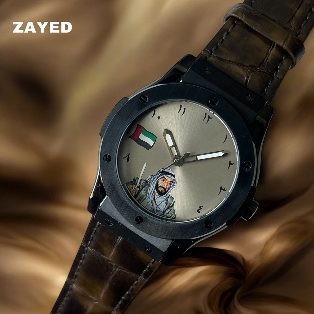 Zayed Flag Founder Of UAE Grey Arabic Dial Brown Strap Gents Watch