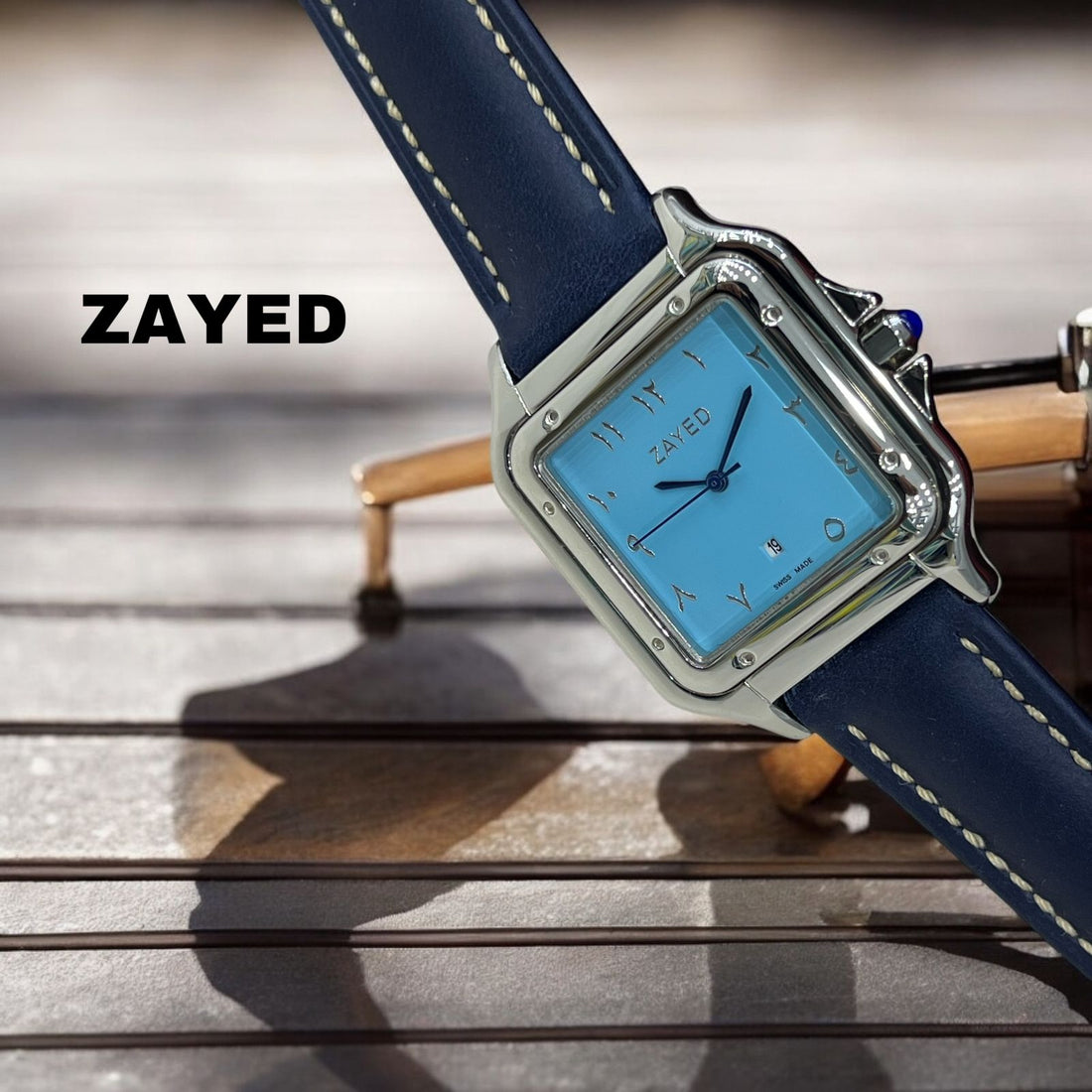 Zayed Swiss Made Dated Arabic Sky Blue Dial Blue Strap Gents Watch