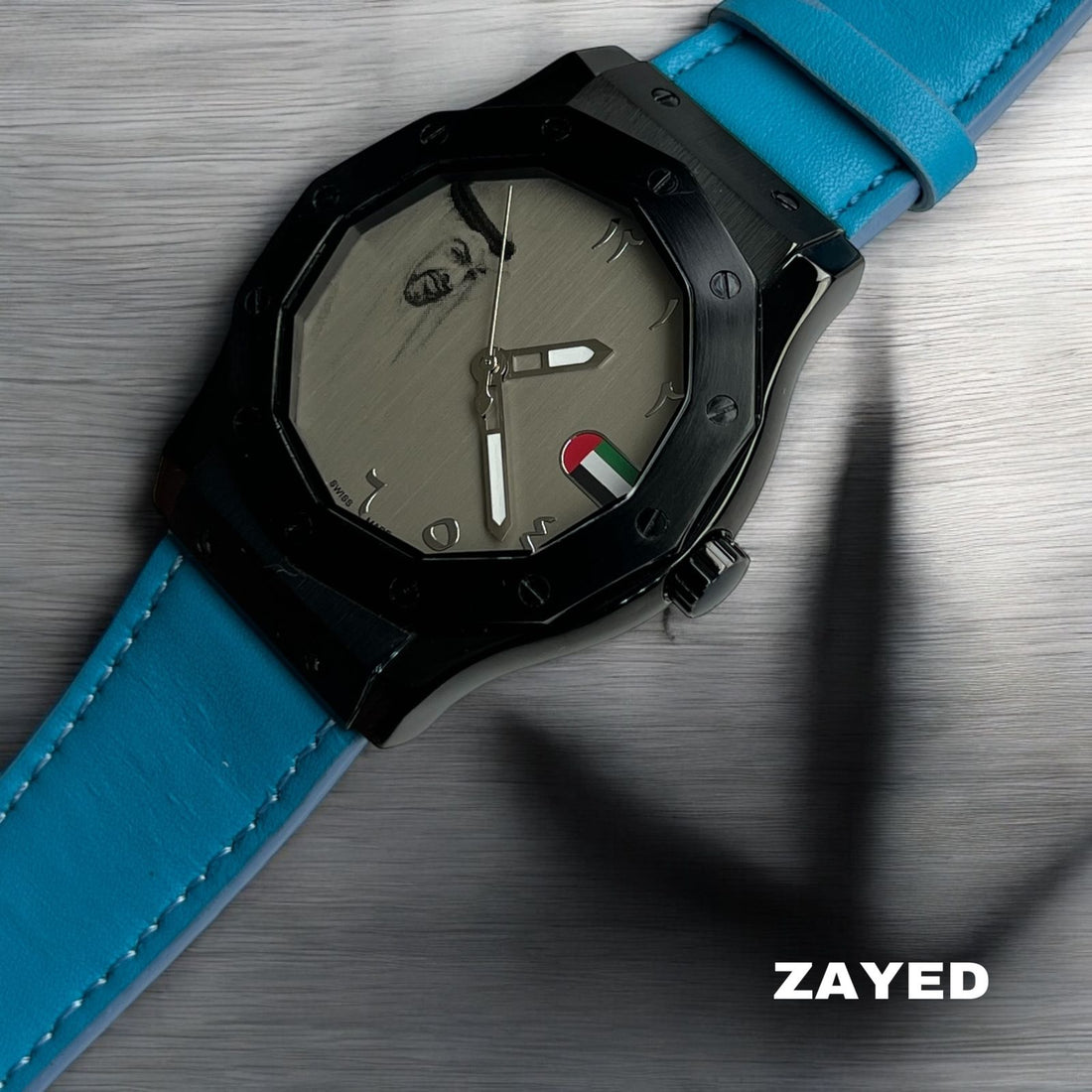 Zayed UAE Flag Grey Arabic Dial Sky Blue Strap Watch