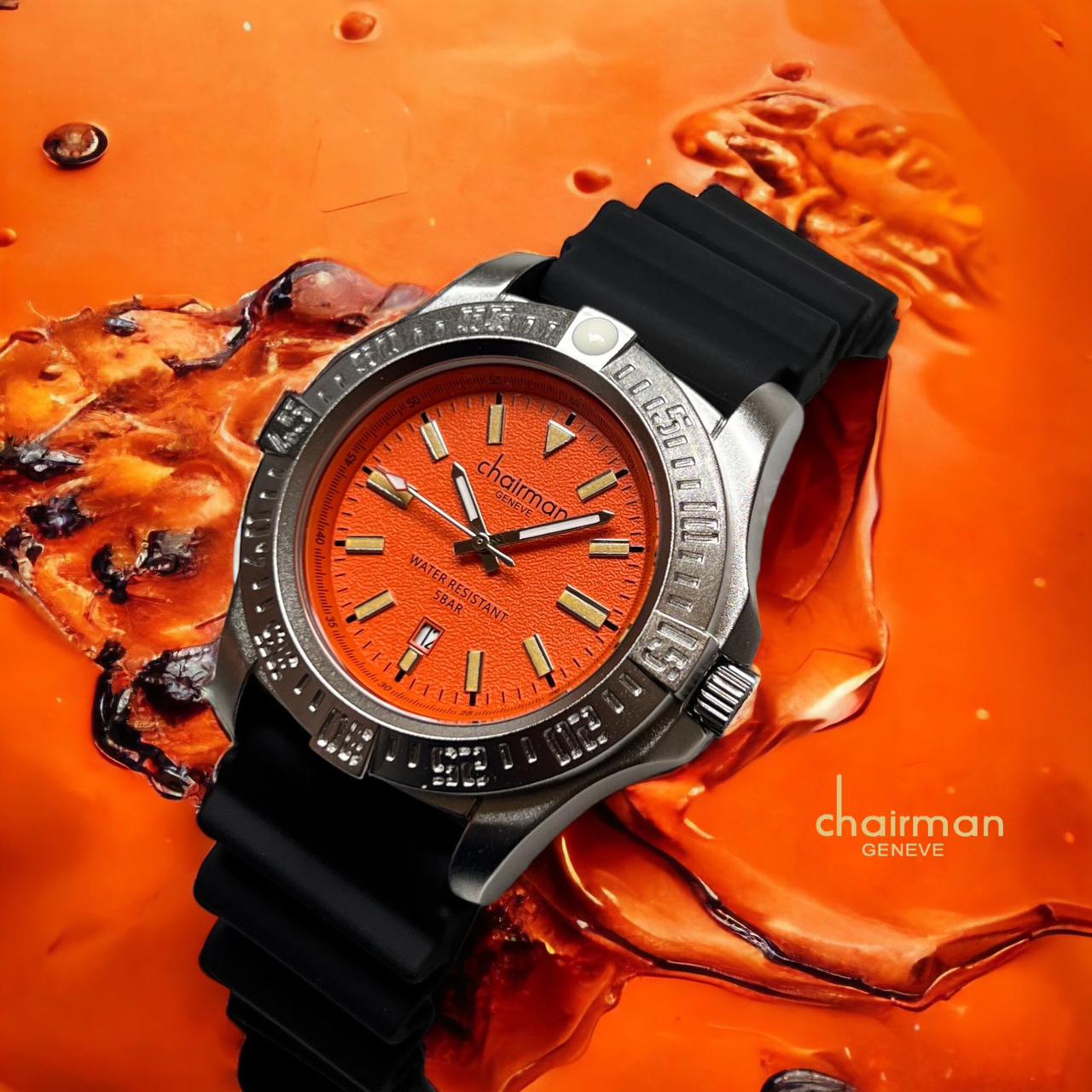 waterproof black strap watch with orange dial