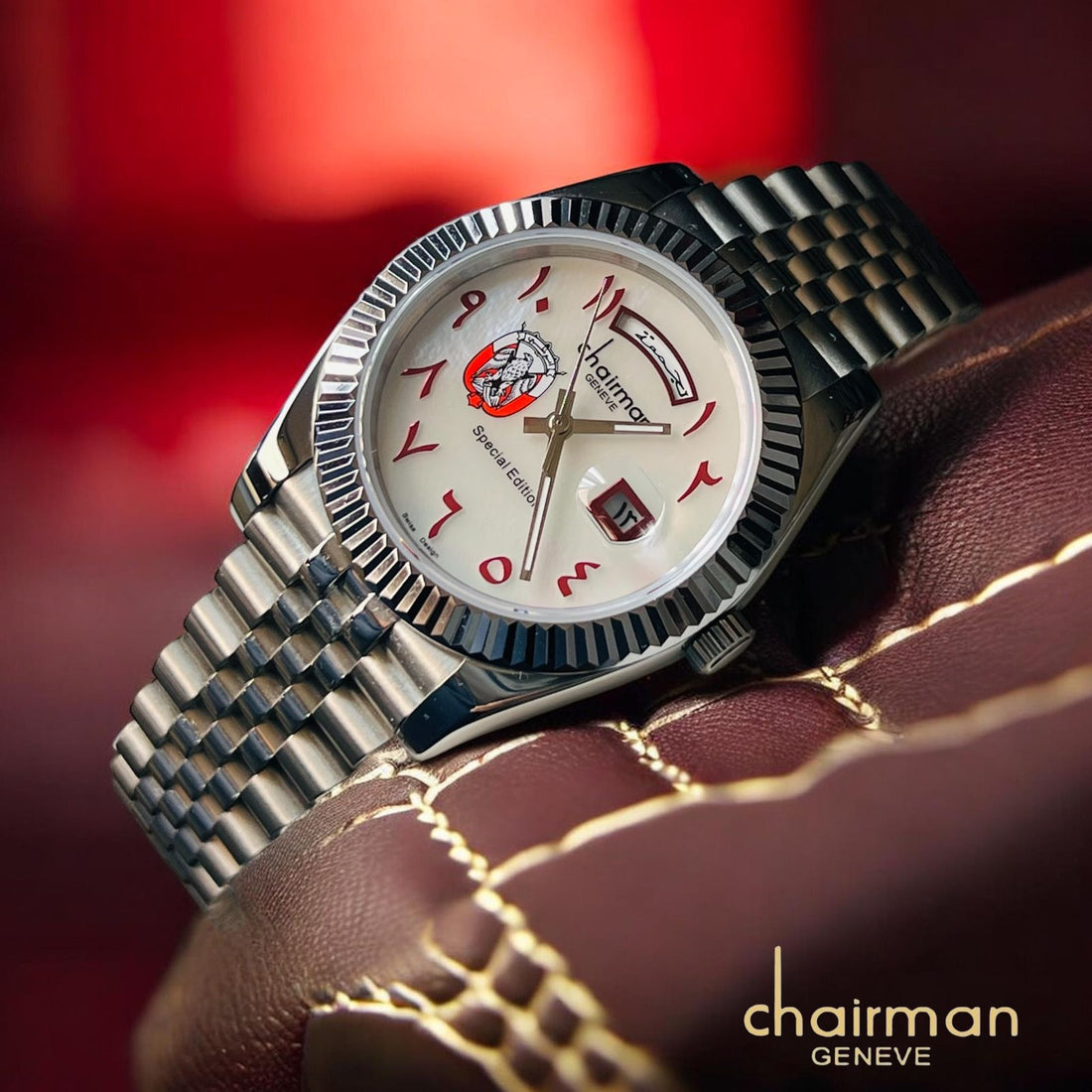 ABU DHABI Emblem Chairman Geneve Arabic Dated White Dial Silver Chain Gents Watch