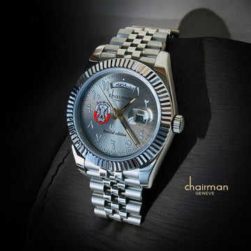 ABU DHABI Emblem Dated Arabic Grey Dial Silver Chain Gents Watch