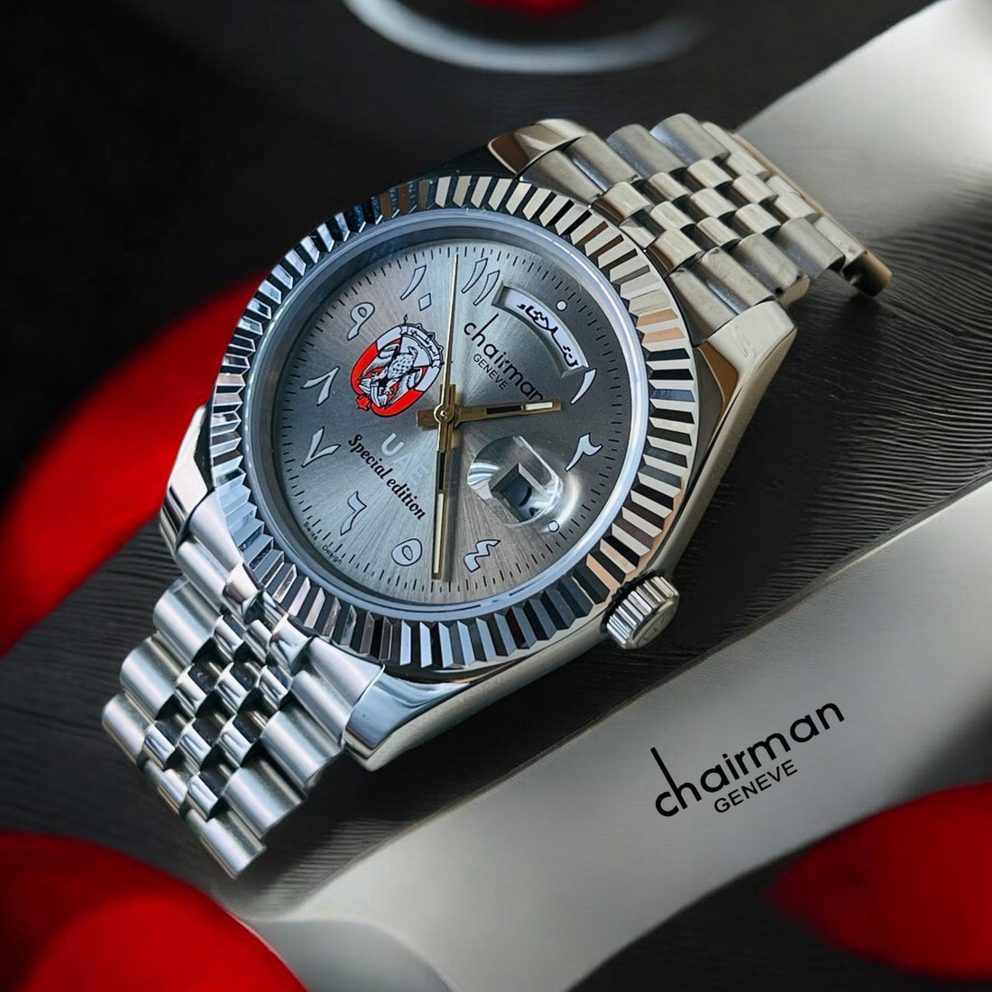 ABU DHABI Emblem Dated Arabic Grey Dial Silver Chain Gents Watch