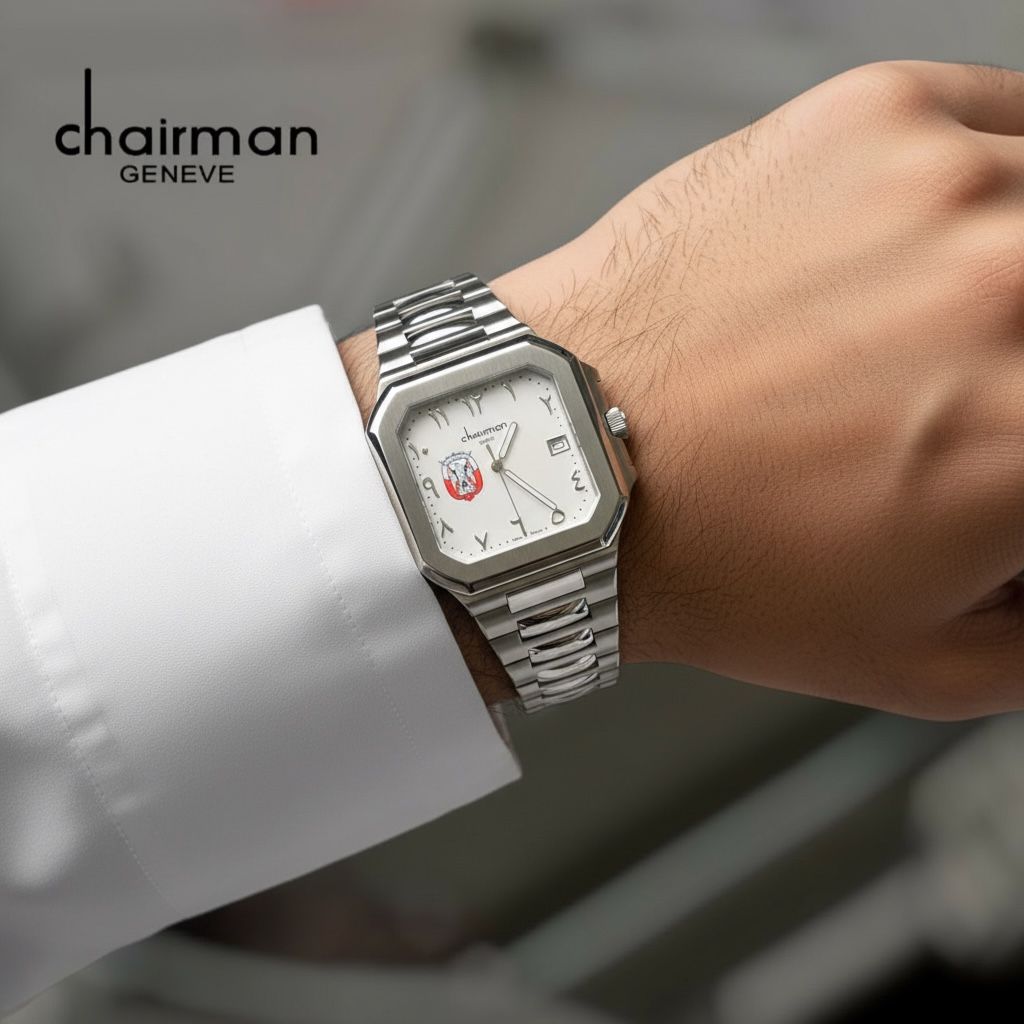 Chairman Geneve ABU DHABI Emblem Arabic Dated White Dial Silver Chain Gents Watch