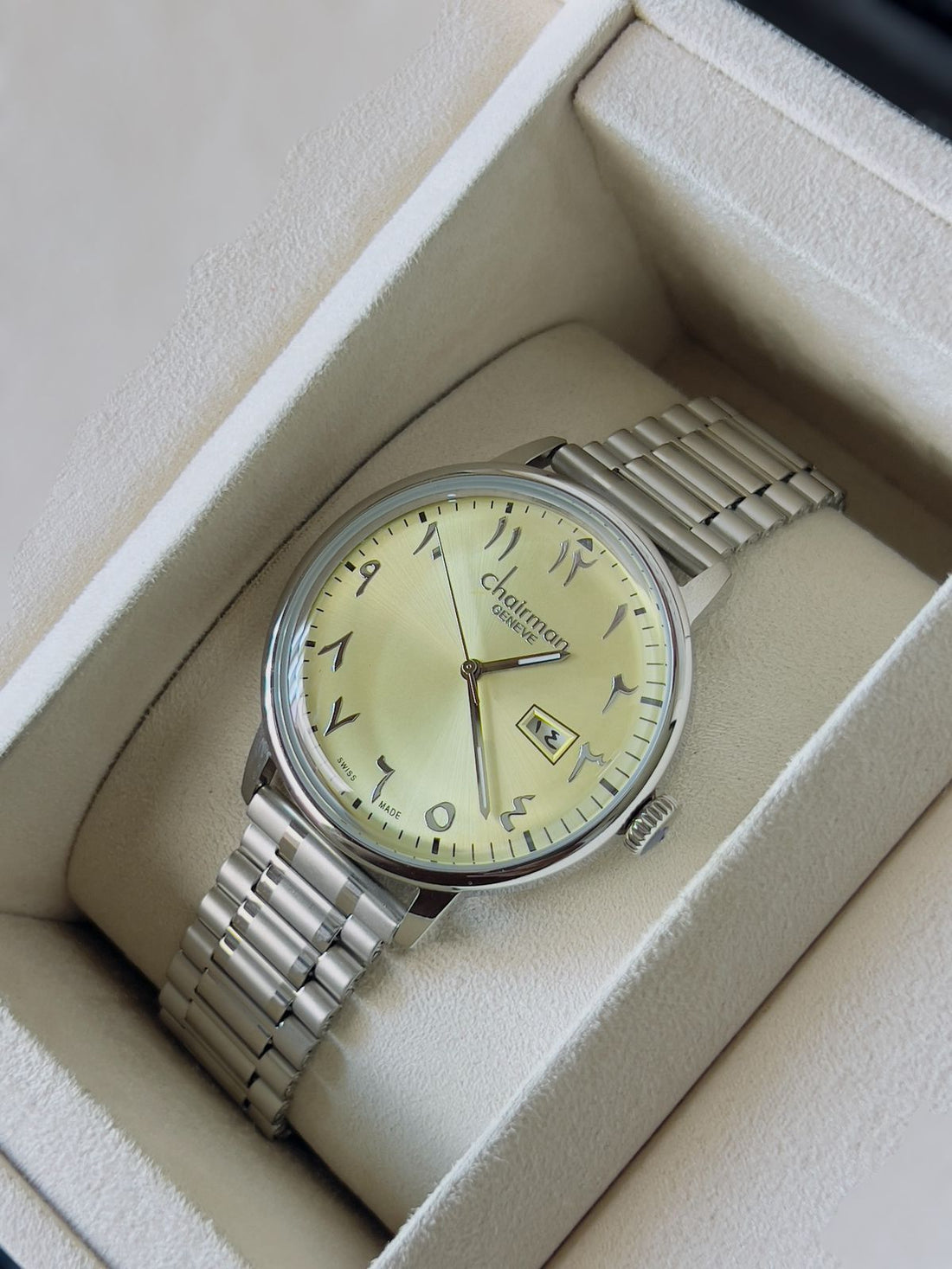 Chairman Geneve Arabic Dated Baby Green Dial Silver Chain Gents Watch