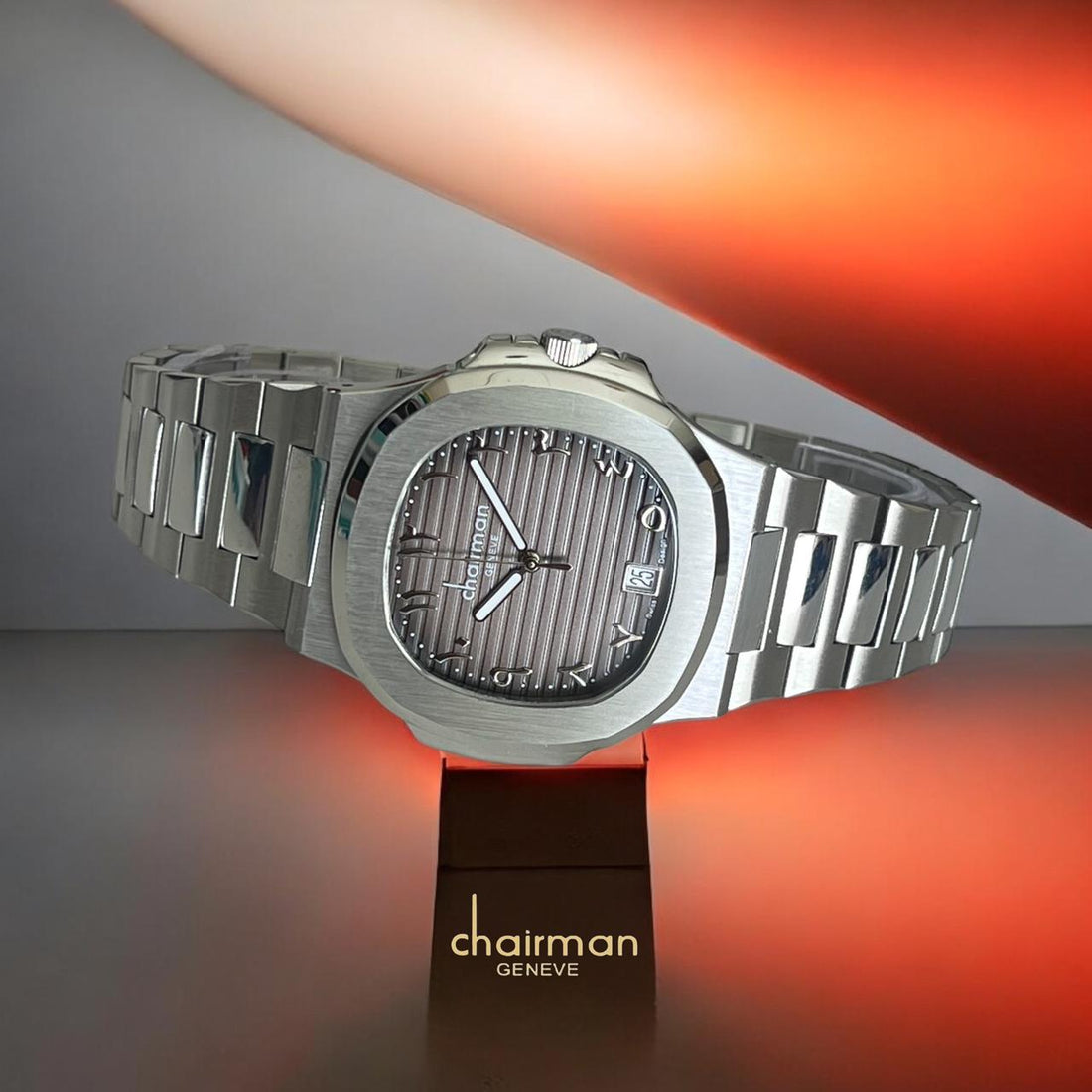 Chairman Geneve Arabic Dated Black Dial Silver Chain Gents Watch