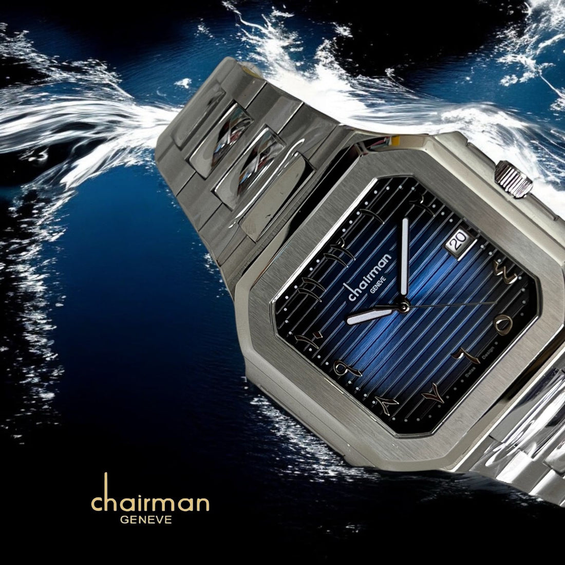 Chairman Geneve Arabic Dated Blue And Black Dial Silver Chain Gents Watch