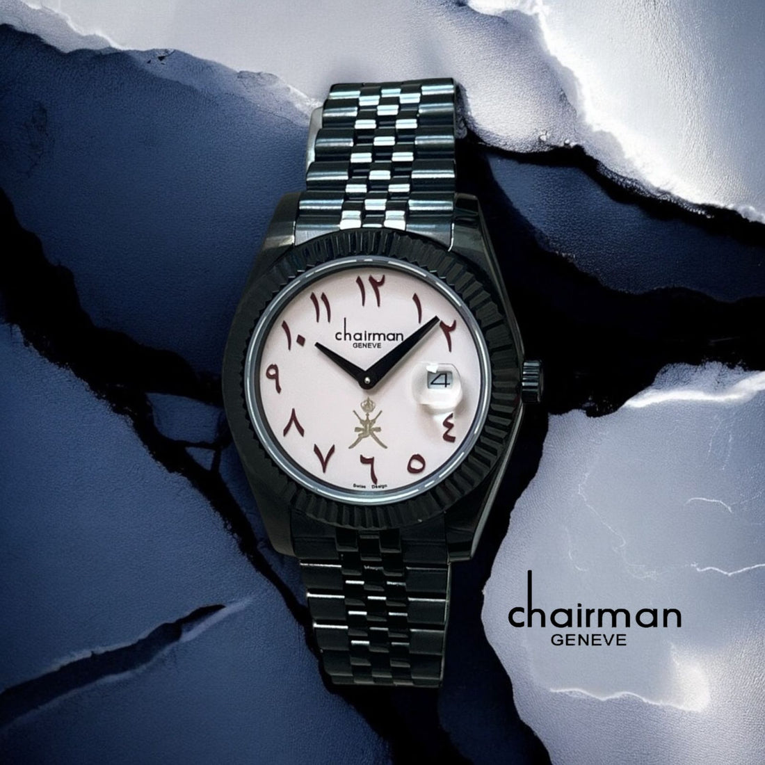 Chairman Geneve Arabic Dated Pink Dial Black Chain Gents Watch