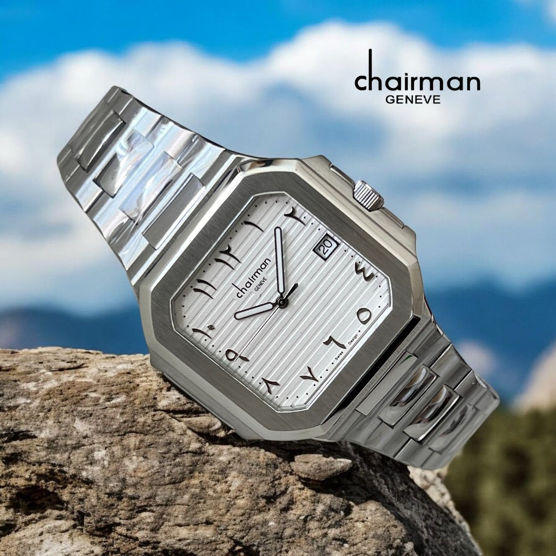 Chairman Geneve Arabic Dated White Dial Silver Chain Gents Watch