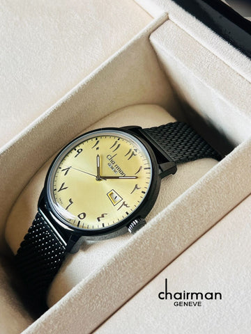 Chairman Geneve Arabic Dated Yellow Dial Black Chain Gents Watch