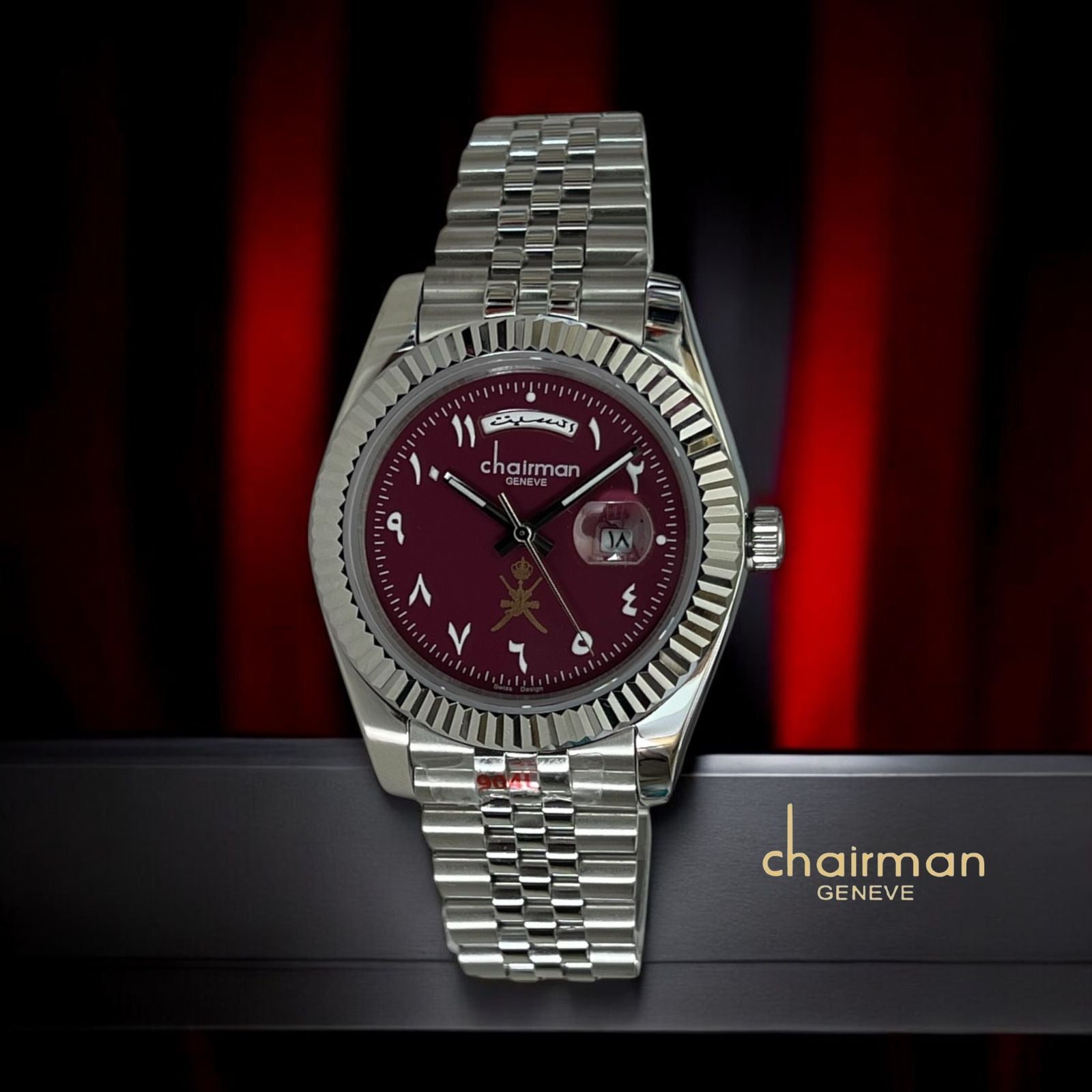 Chairman Geneve Arabic Day And Dated Maroon Dial Silver Strap Gents Watch