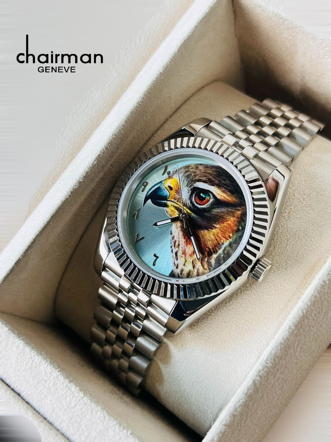 Chairman Geneve Arabic Eagle Photo Baby Blue Dial Silver Chain Gents Watch