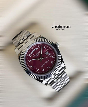 Chairman Geneve Arabic Maroon Dated Dial Silver Chain Gents Watch