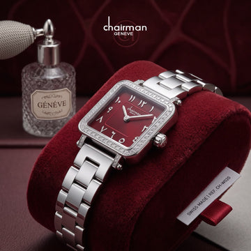 Chairman Geneve Arabic Maroon Dial Stone Case Silver Chain Women Watch