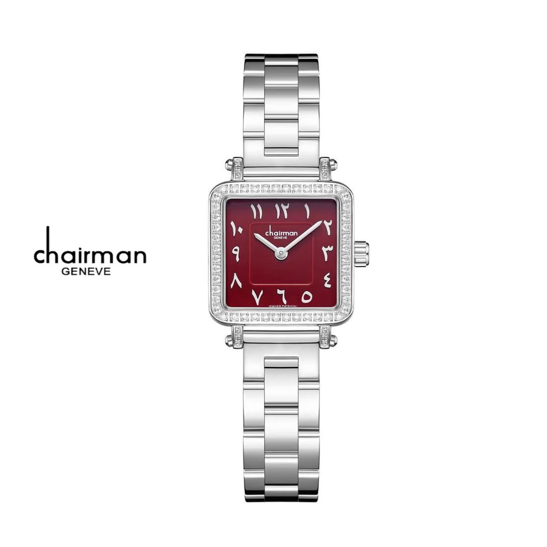Chairman Geneve Arabic Maroon Dial Stone Case Silver Chain Women Watch