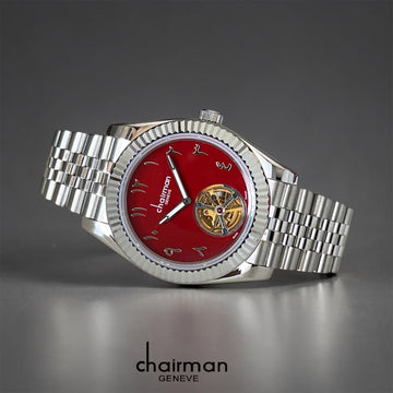 Chairman Geneve Arabic Red Mechanical Dial Silver Chain Gents Watch
