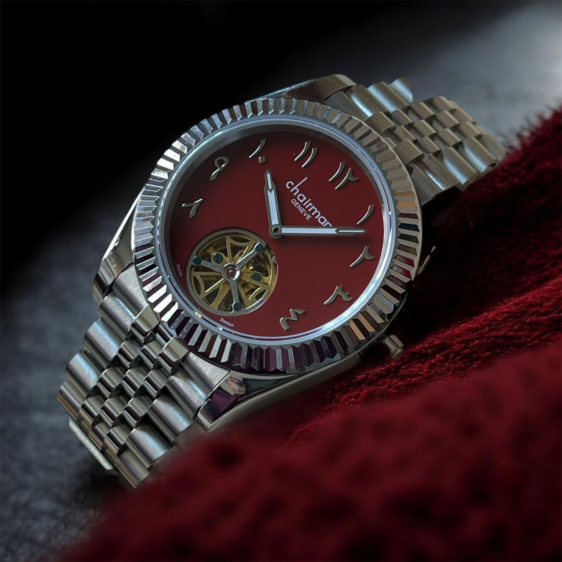Chairman Geneve Arabic Red Mechanical Dial Silver Chain Gents Watch