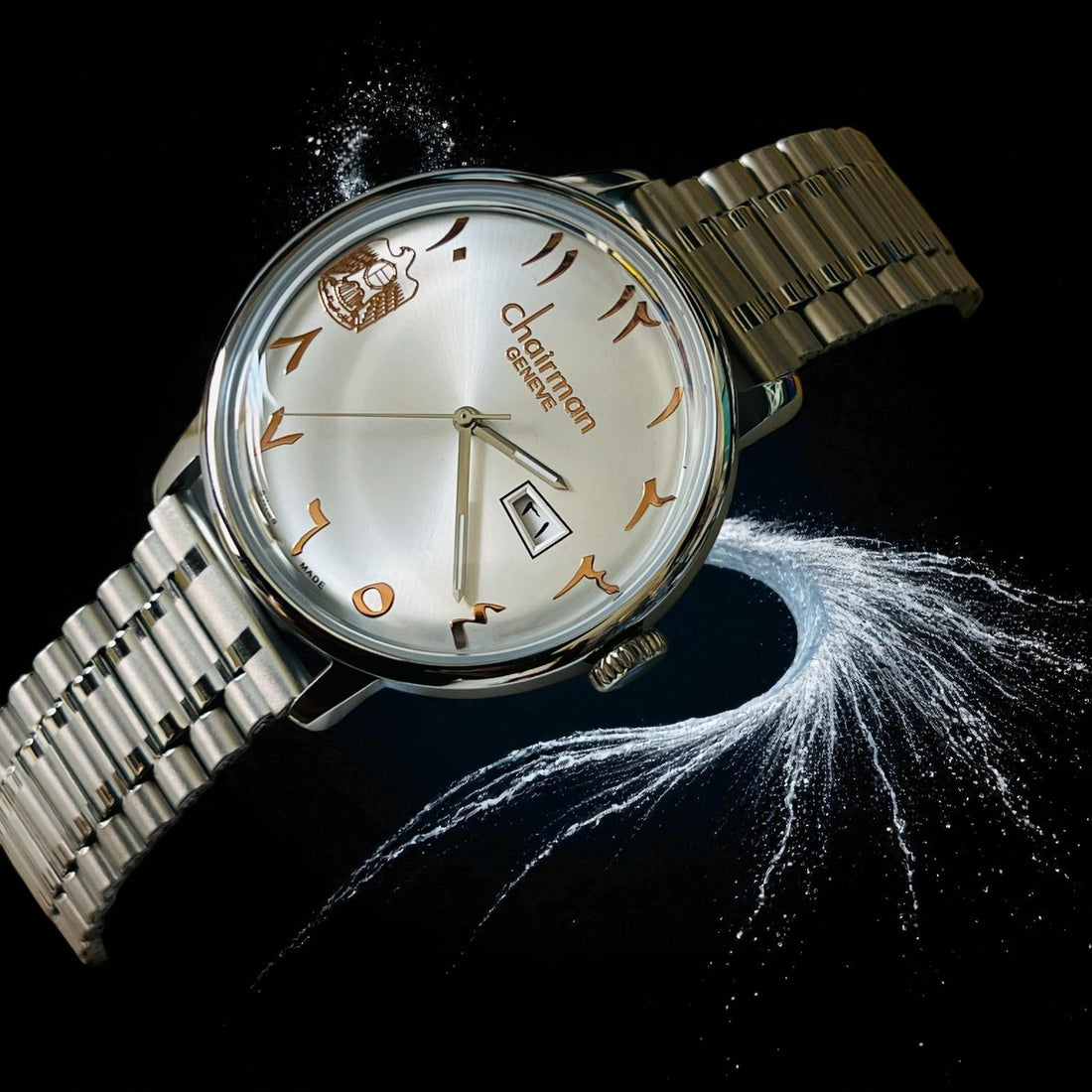 Chairman Geneve Arabic UAE Emblem Dated Off White Dial Silver Chain Gents Watch