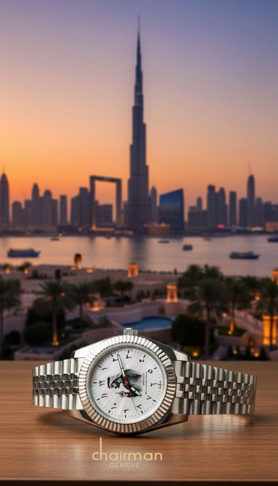 Chairman Geneve Arabic UAE Sheikh White Dial Silver Chain Gents Watch ...