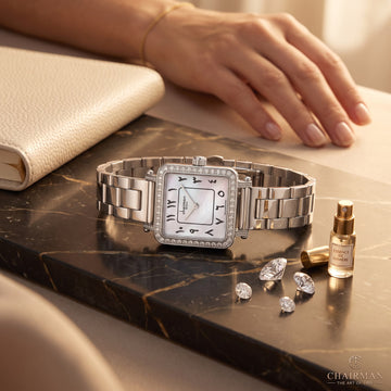 Chairman Geneve Arabic White Dal Stone Case Silver Chain Women Watch