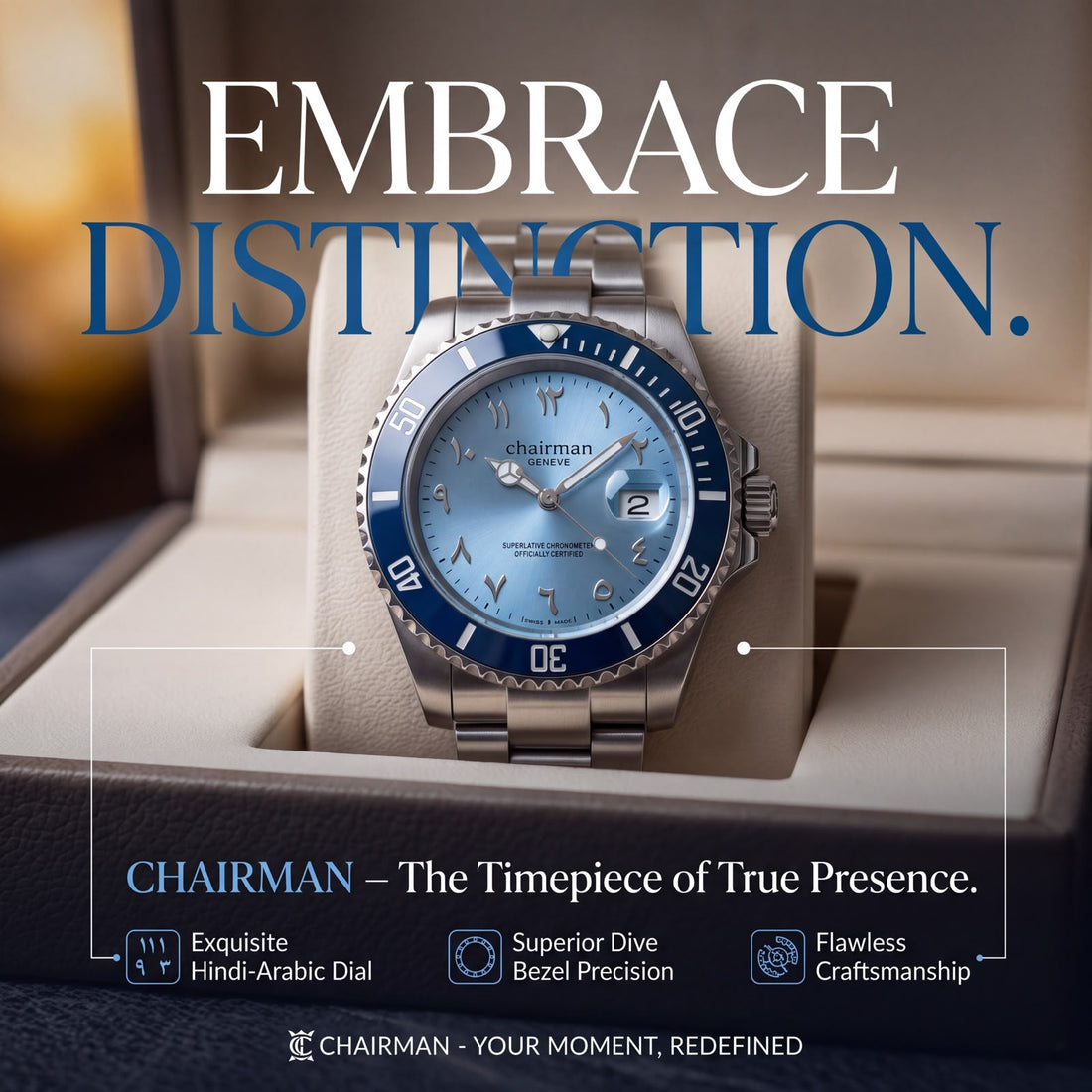 Chairman Geneve Baby Blue Dated Arabic Dial Silver Chain Gents Watch