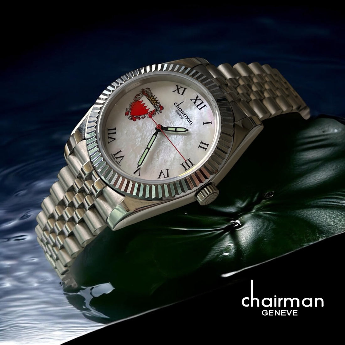 Chairman Geneve BAHRAIN Emblem Roman White Dial Silver Chain Gents Watch