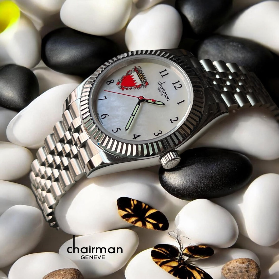 Chairman Geneve BAHRAIN Emblem White Dial Silver Chain Gents Watch
