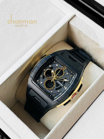 Chairman Geneve Black And Golden Dated Dial Black Strap Watch