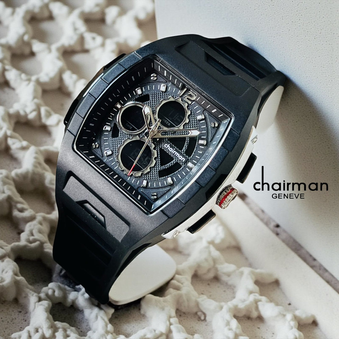 Chairman Geneve Black And Golden Dated Dial Black Strap Watch