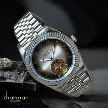 Chairman Geneve Black And Grey Arabic Mechanical Dial Silver Chain Gents Watch