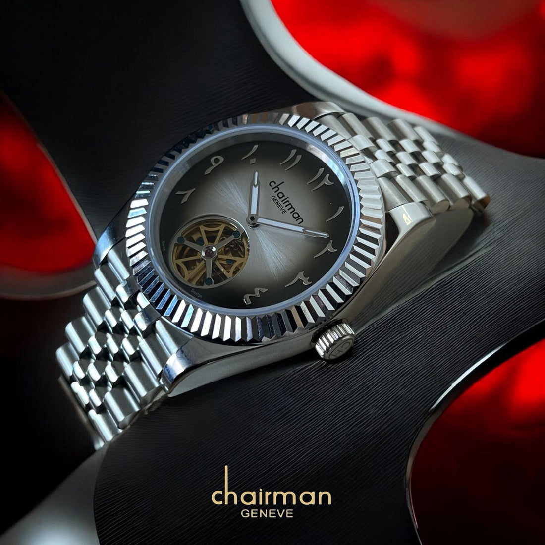 Chairman Geneve Black And Grey Arabic Mechanical Dial Silver Chain Gents Watch