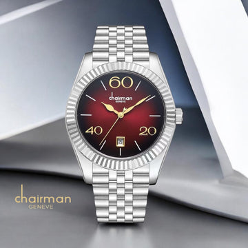 Chairman Geneve Black And Maroon Dated Dial Silver Chain Gents Watch