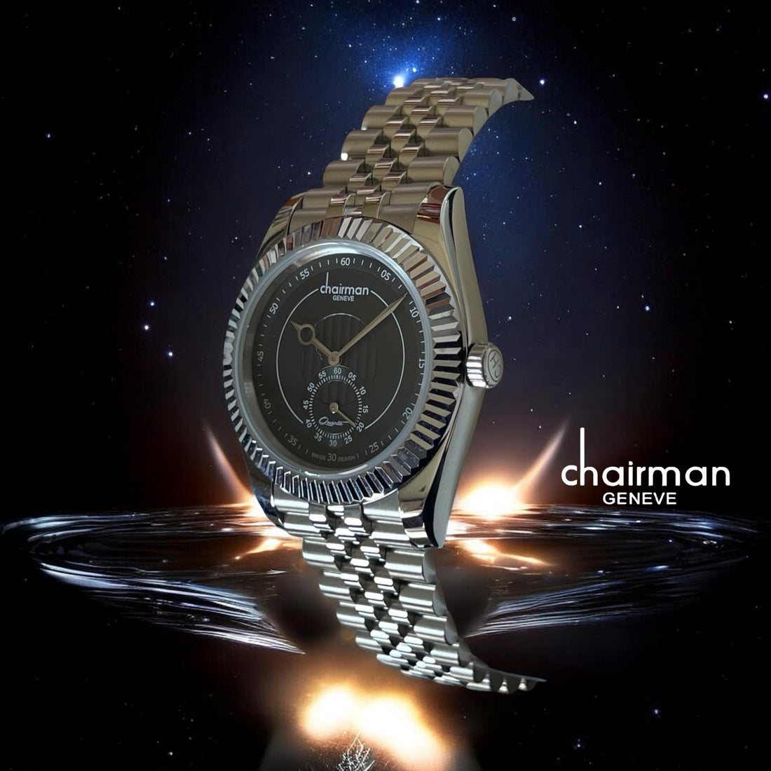 Chairman Geneve Black Dial Silver Chain Gents Watch