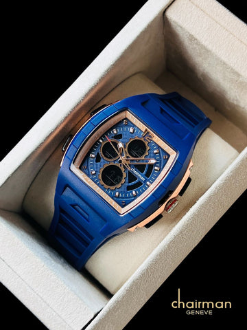 Chairman Geneve Blue And Golden Dated Dial Blue Strap Gents Watch
