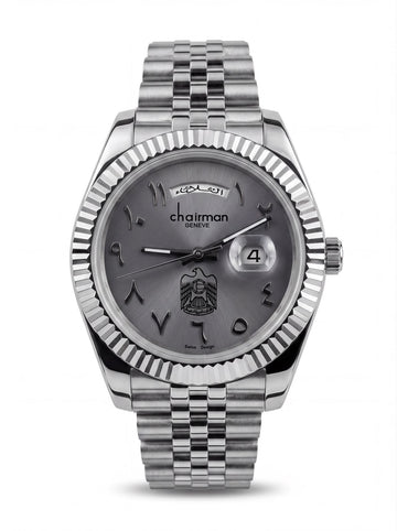 Chairman Geneve Dated Arabic Grey UAE Emblem Dial Silver Chain Gents Watch