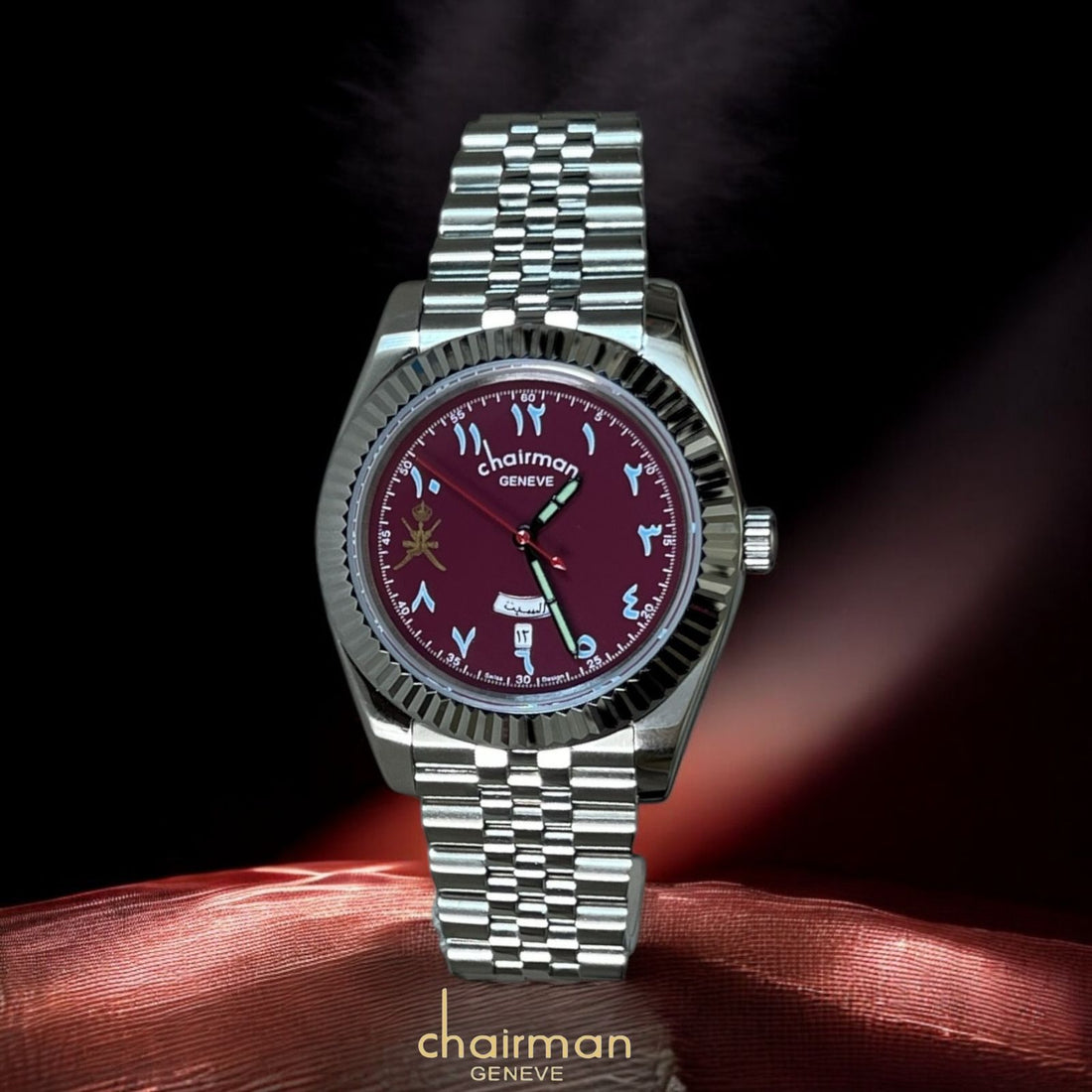 Chairman Geneve Dated Arabic Maroon Dial Silver Chain Gents Watch