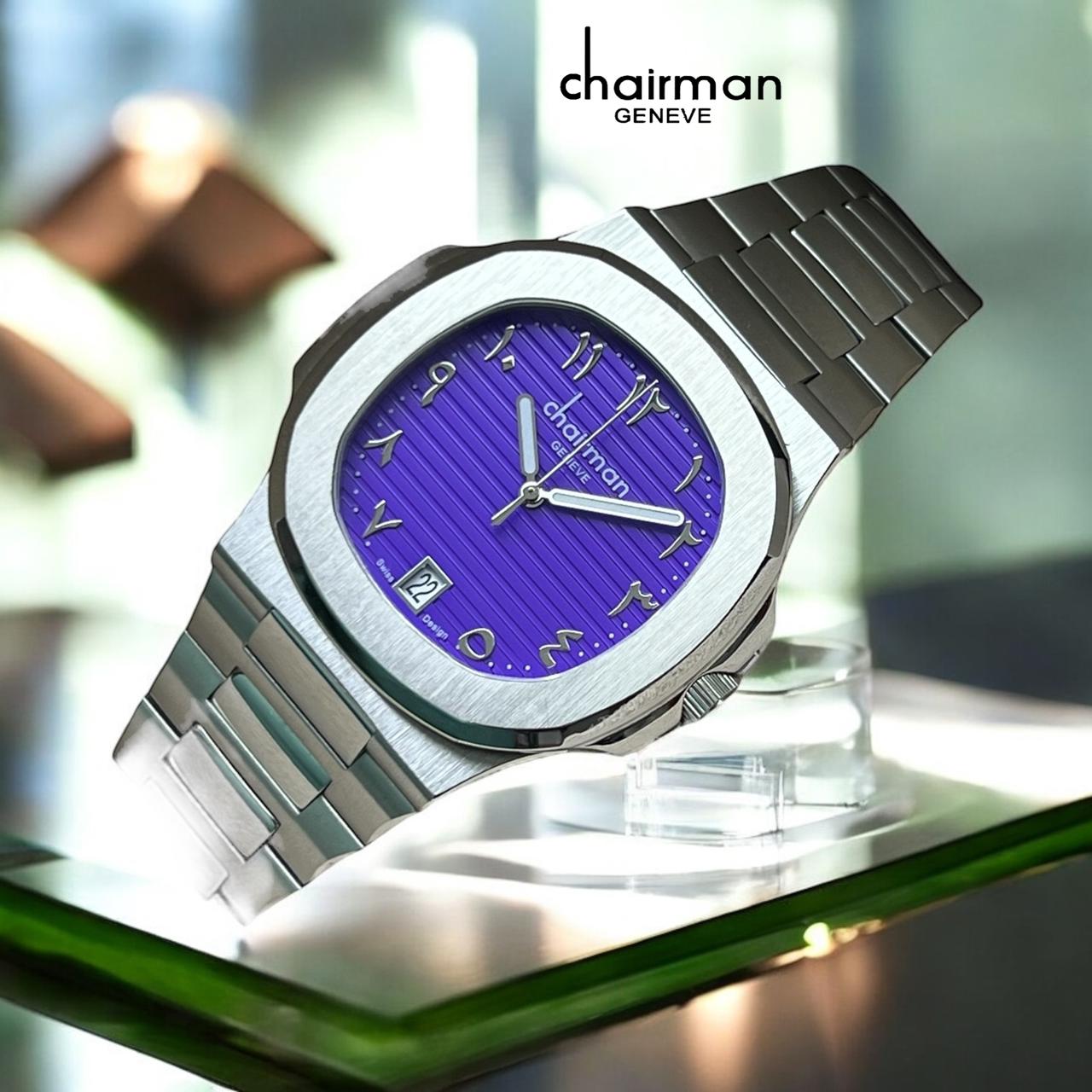 Chairman Geneve Dated Arabic Purple Dial Silver Chain Gents Watch