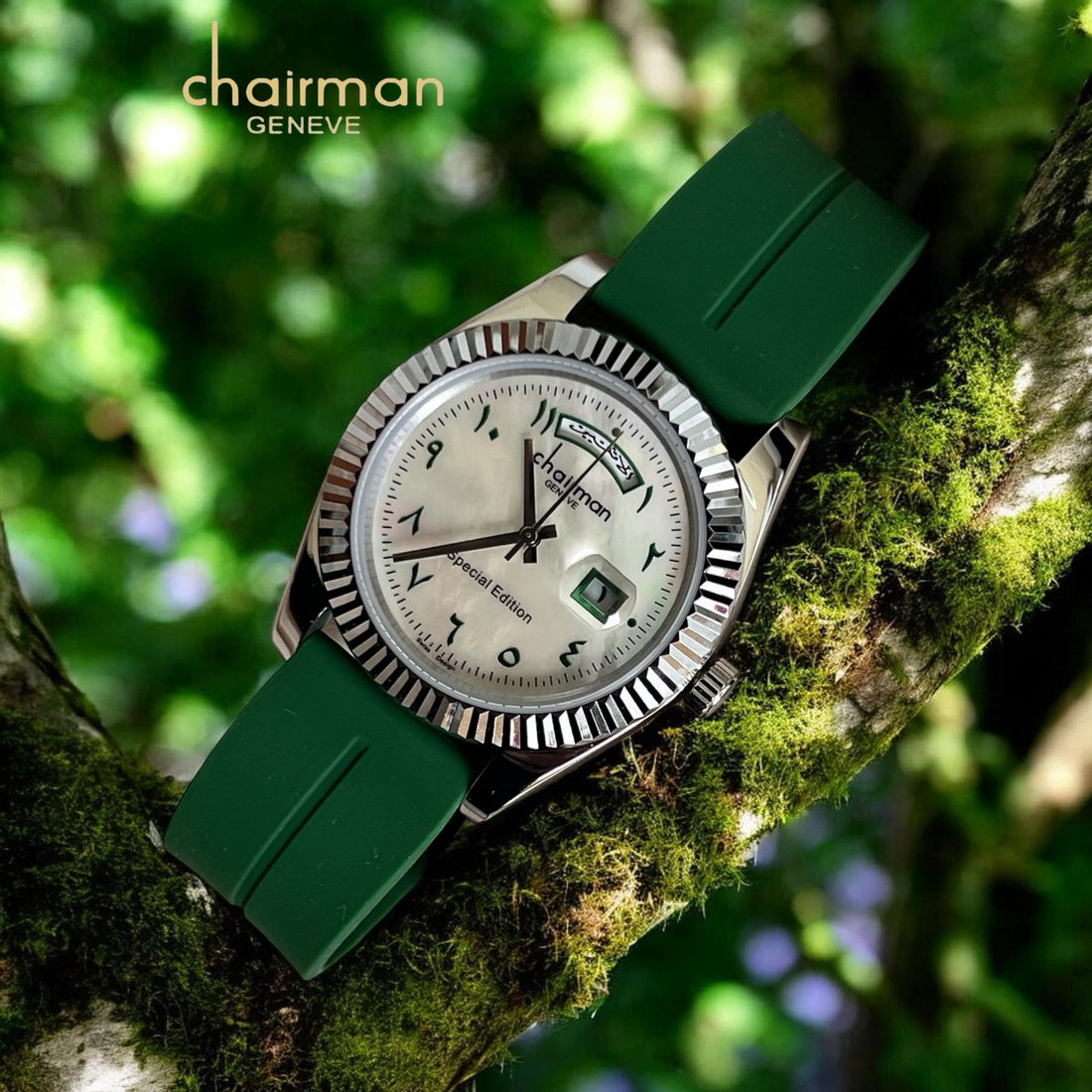 Chairman Geneve Dated Arabic White Dial Green Strap Gents Watch