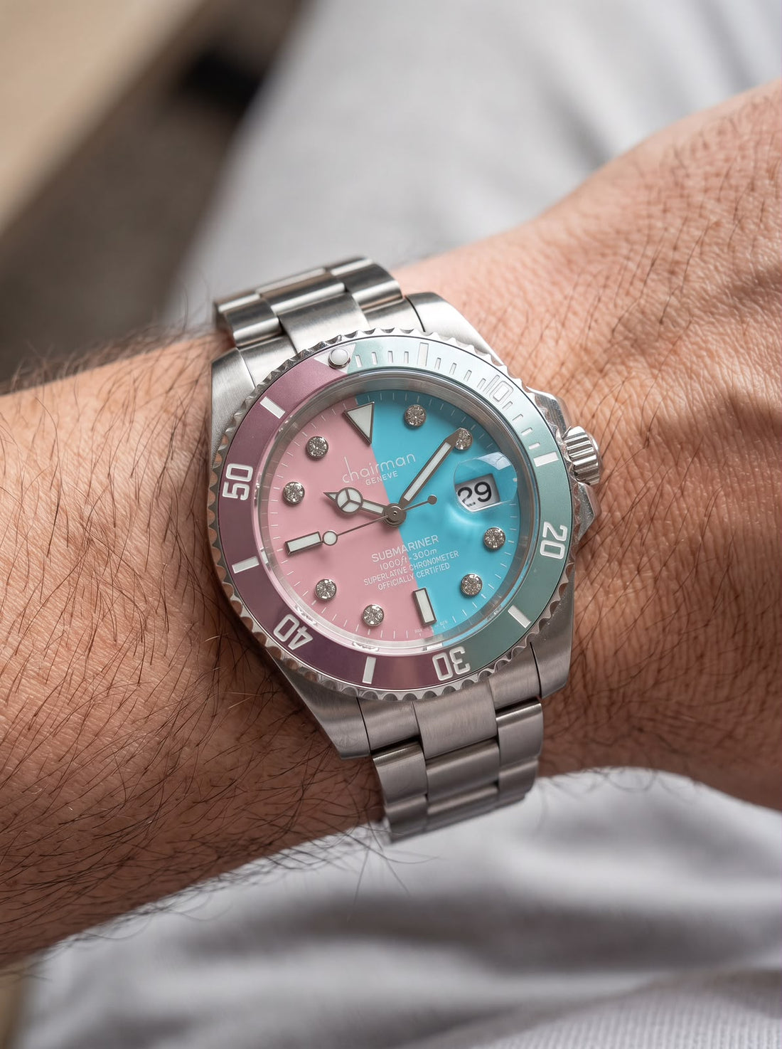 Chairman Geneve Dated Baby Pink And Blue Dial Silver Chain Gents Watch