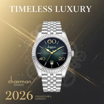 Chairman Geneve Dated Black And Green Dial Silver Chain Gents Watch