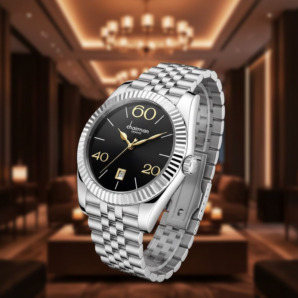 Chairman Geneve Dated Black Dial Silver Chain Gents Watch