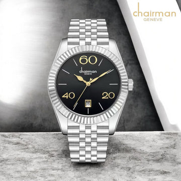 Chairman Geneve Dated Black Dial Silver Chain Gents Watch