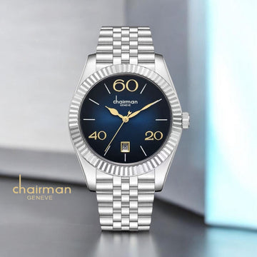 Chairman Geneve Dated Blue And Black Dial Silver Chain Gents Watch