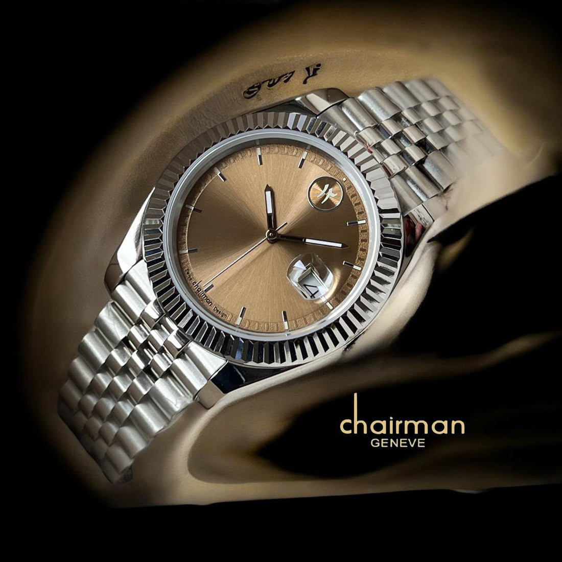 Chairman Geneve Dated Brown Dial Silver Chain Gents Watch
