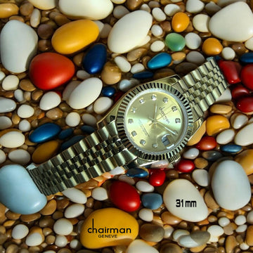 Chairman Geneve Dated Diamond Golden Dial Gold Chain Ladies Watch