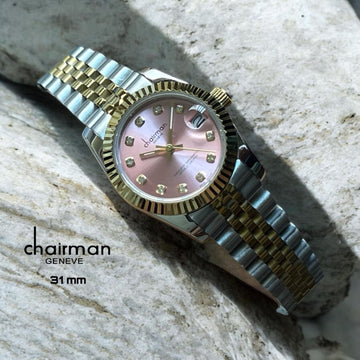 Chairman Geneve Dated Diamond Pink Dial Gold And Silver Chain Ladies Watch