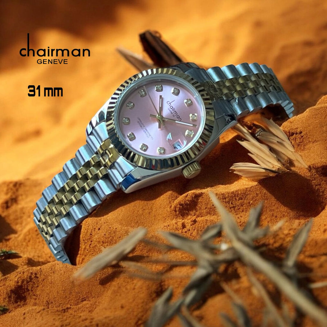 Chairman Geneve Dated Diamond Pink Dial Gold And Silver Chain Ladies Watch