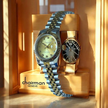 Chairman Geneve Dated Golden Stone Dial Silver And Gold Chain Ladies Watch